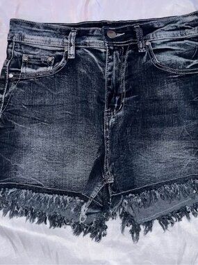 Dark Acid Wash Denim Shorts with Embroidered Pockets, Medium